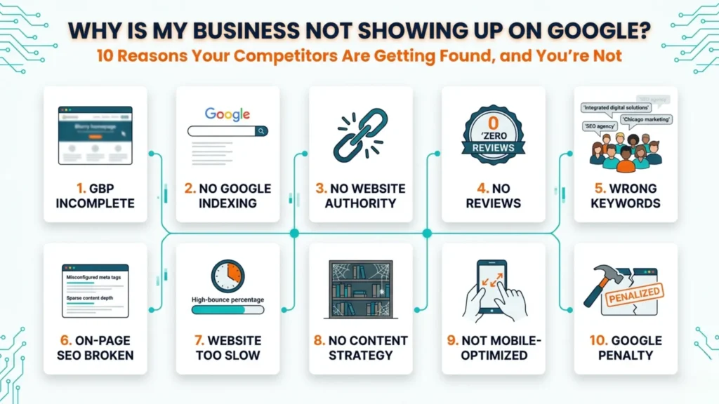 Flowchart explaining why is my business not showing up on Google