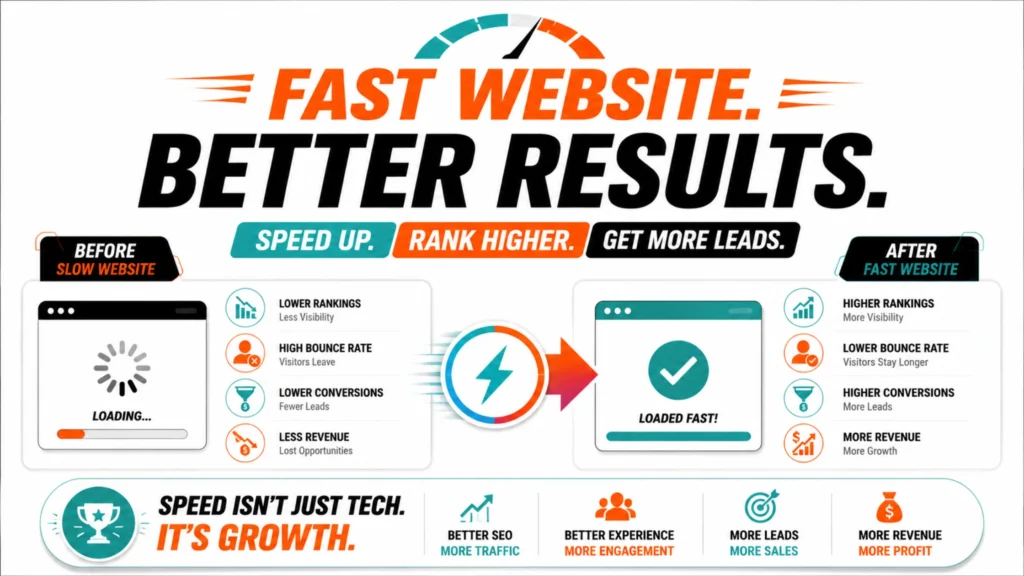 A bold infographic comparing slow and fast websites, showing how faster website performance improves SEO rankings, lowers bounce rates, increases conversions, and generates more revenue.