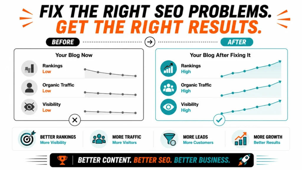 A modern SEO infographic comparing poor-performing blog content with optimized blog posts, showing improvements in Google rankings, organic traffic, visibility, and lead generation.