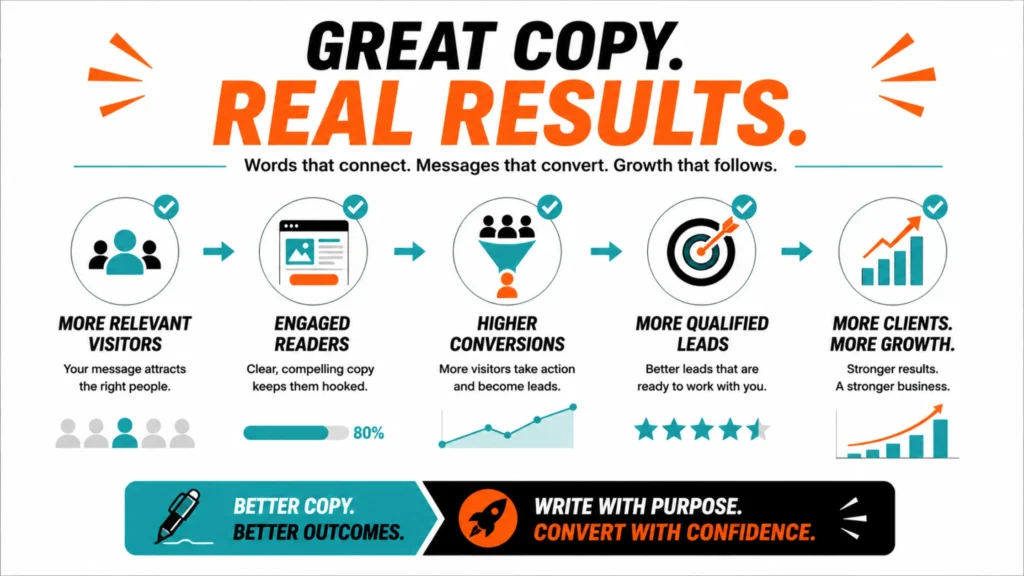 A modern infographic showing how strong website copy improves conversions, lead generation, engagement, and business growth using clean orange, teal, black, and white visuals.