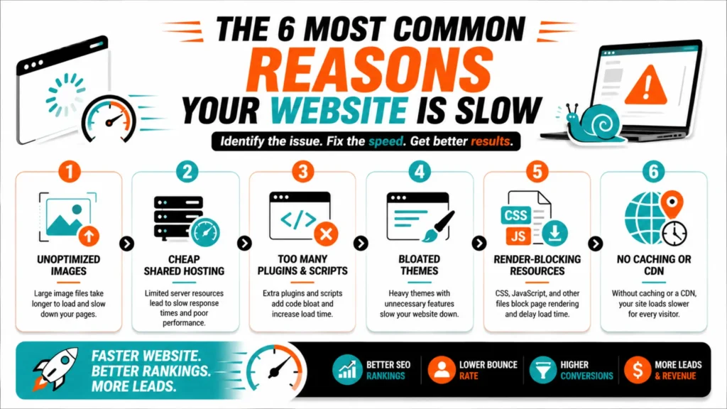 A modern infographic explaining the six most common reasons websites are slow, including unoptimized images, cheap hosting, excessive plugins, bloated themes, render-blocking resources, and missing caching or CDN setup.