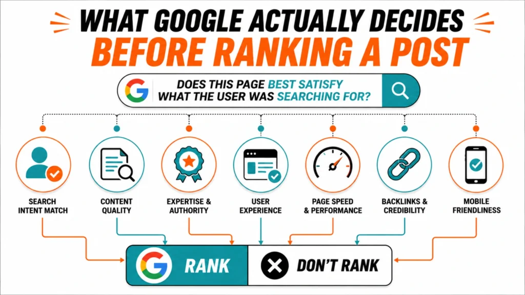 A modern SEO infographic showing the key factors Google evaluates before ranking a blog post, including search intent, content quality, authority, user experience, page speed, and backlinks.