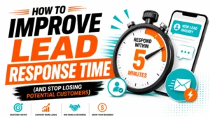 A sleek marketing infographic featuring the headline “How to Improve Lead Response Time” with a stopwatch showing a 5-minute response window, alongside communication and lead generation icons in orange, teal, black, and white.