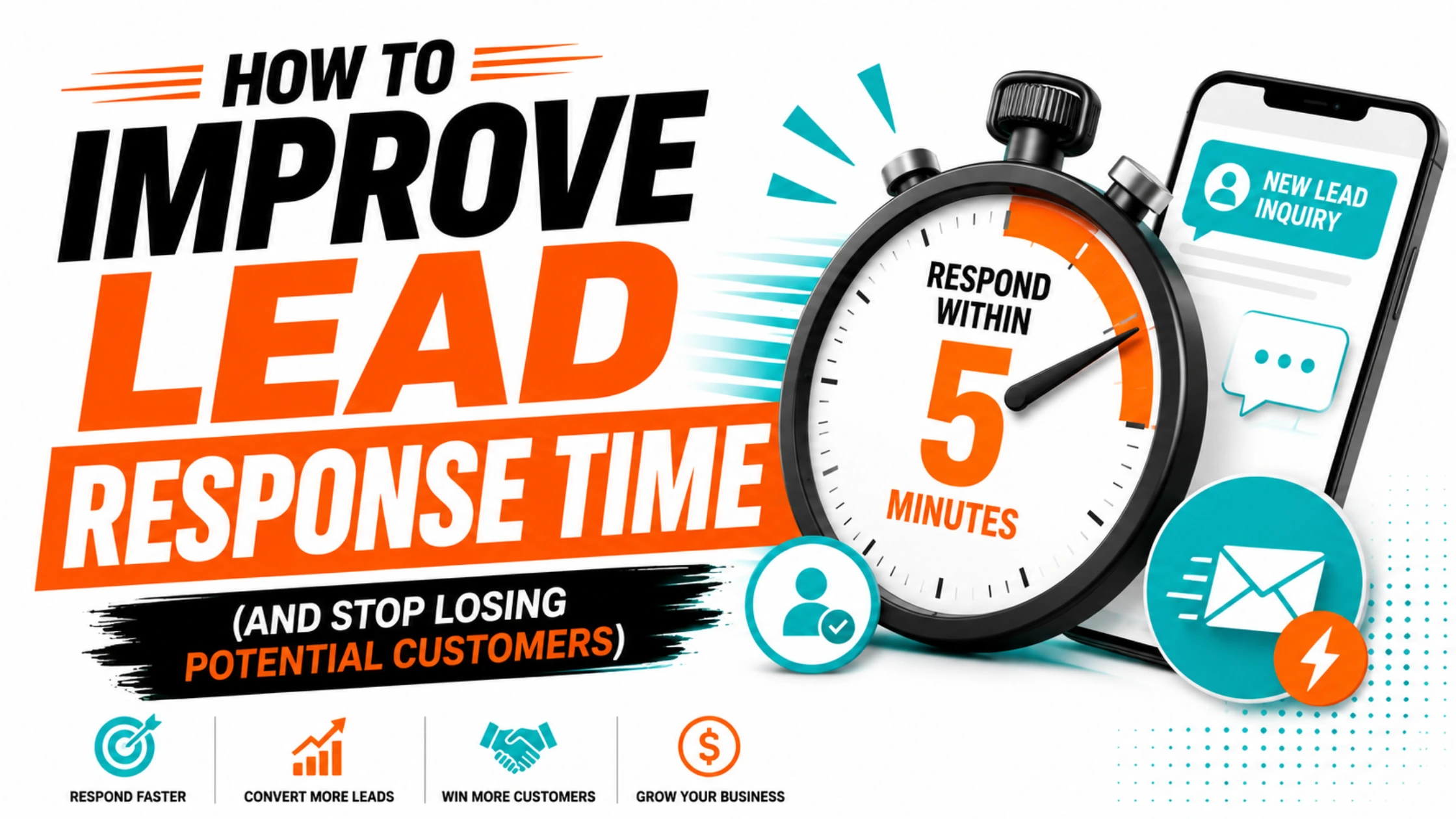 A sleek marketing infographic featuring the headline “How to Improve Lead Response Time” with a stopwatch showing a 5-minute response window, alongside communication and lead generation icons in orange, teal, black, and white.
