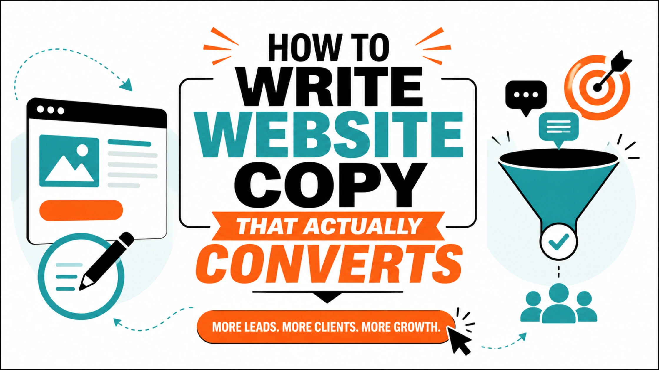 A modern website copywriting infographic with the centered title “How to Write Website Copy That Actually Converts” featuring conversion funnels, CTA elements, website copy visuals, and lead generation icons in orange, teal, black, and white.