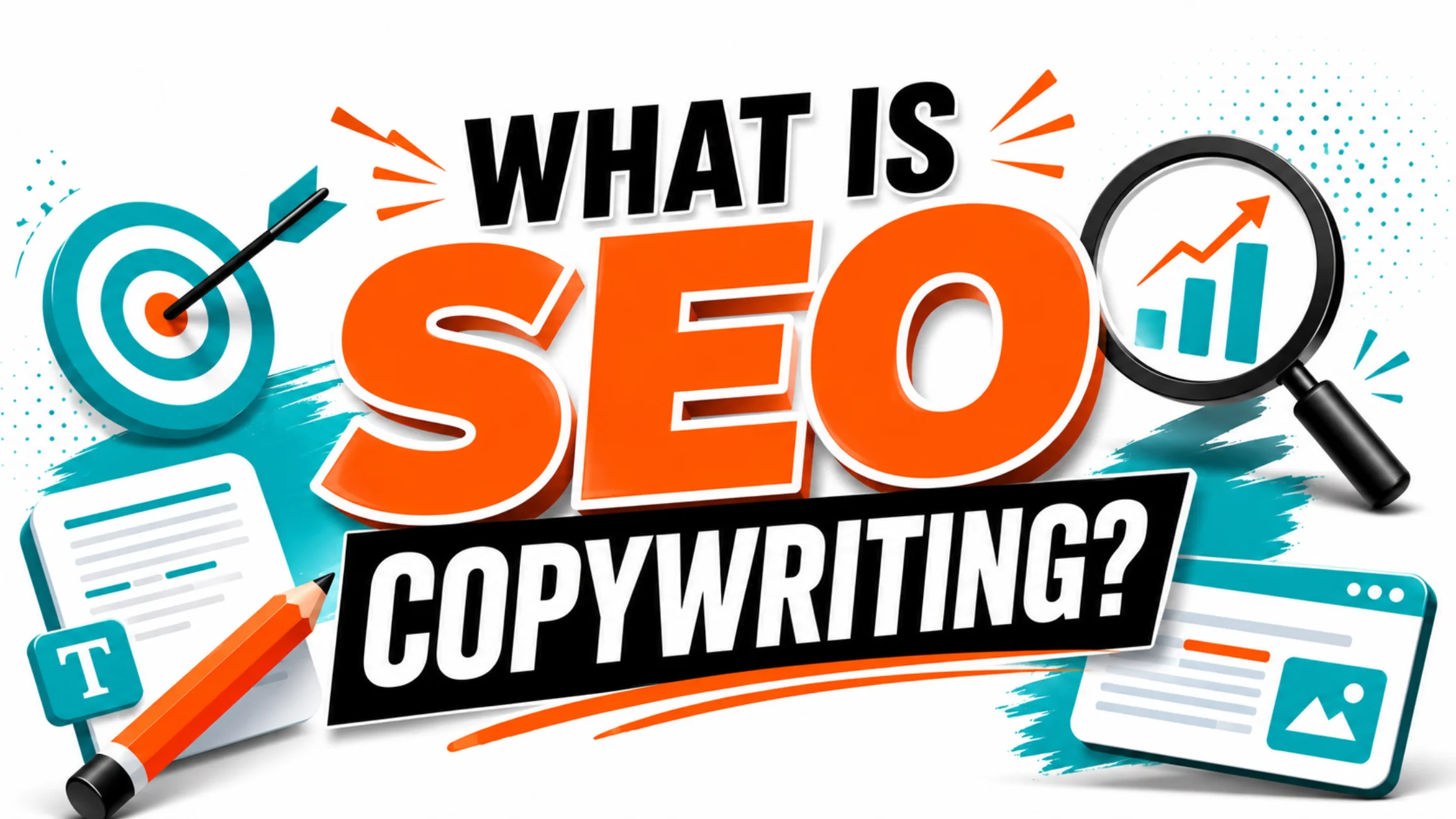 A bold SEO copywriting infographic featuring large “What Is SEO Copywriting?” typography with search, analytics, content writing, and conversion-focused icons in orange, teal, black, and white.