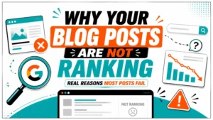 A bold SEO infographic featuring the centered title “Why Your Blog Posts Are Not Ranking” with search engine, ranking decline, content optimization, and Google-inspired visuals in orange, teal, black, and white.