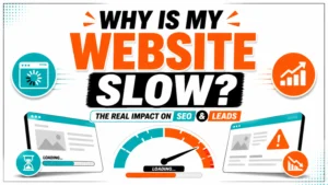 A modern infographic-style featured image with the centered title “Why Is My Website Slow?” surrounded by website speed, loading, SEO, and lead generation visuals in orange, teal, black, and white.